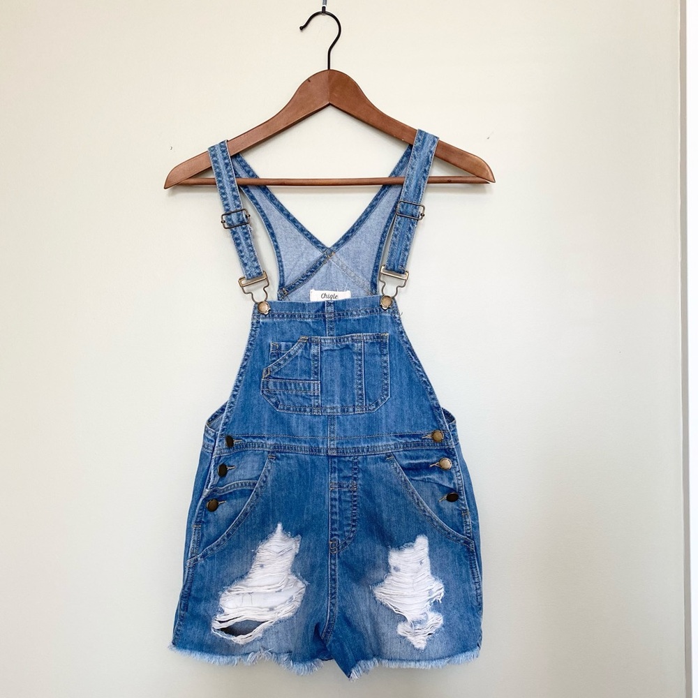 Chiqle Distressed Denim Overall Shorts